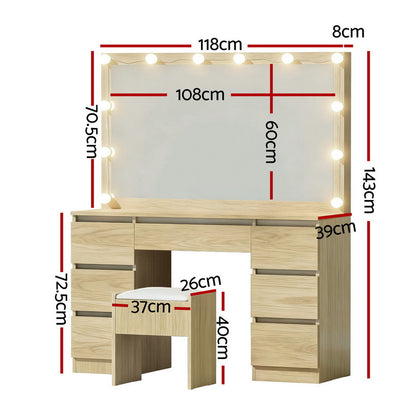 Artiss Dressing Table Vanity Desk Set Stool 12 Led Bulbs Wood - Image 3