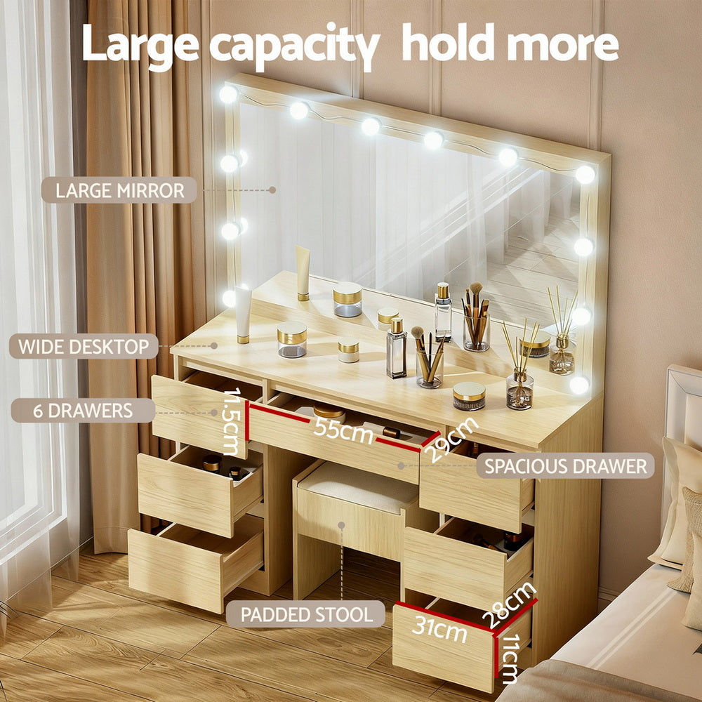 Artiss Dressing Table Vanity Desk Set Stool 12 Led Bulbs Wood - Image 6