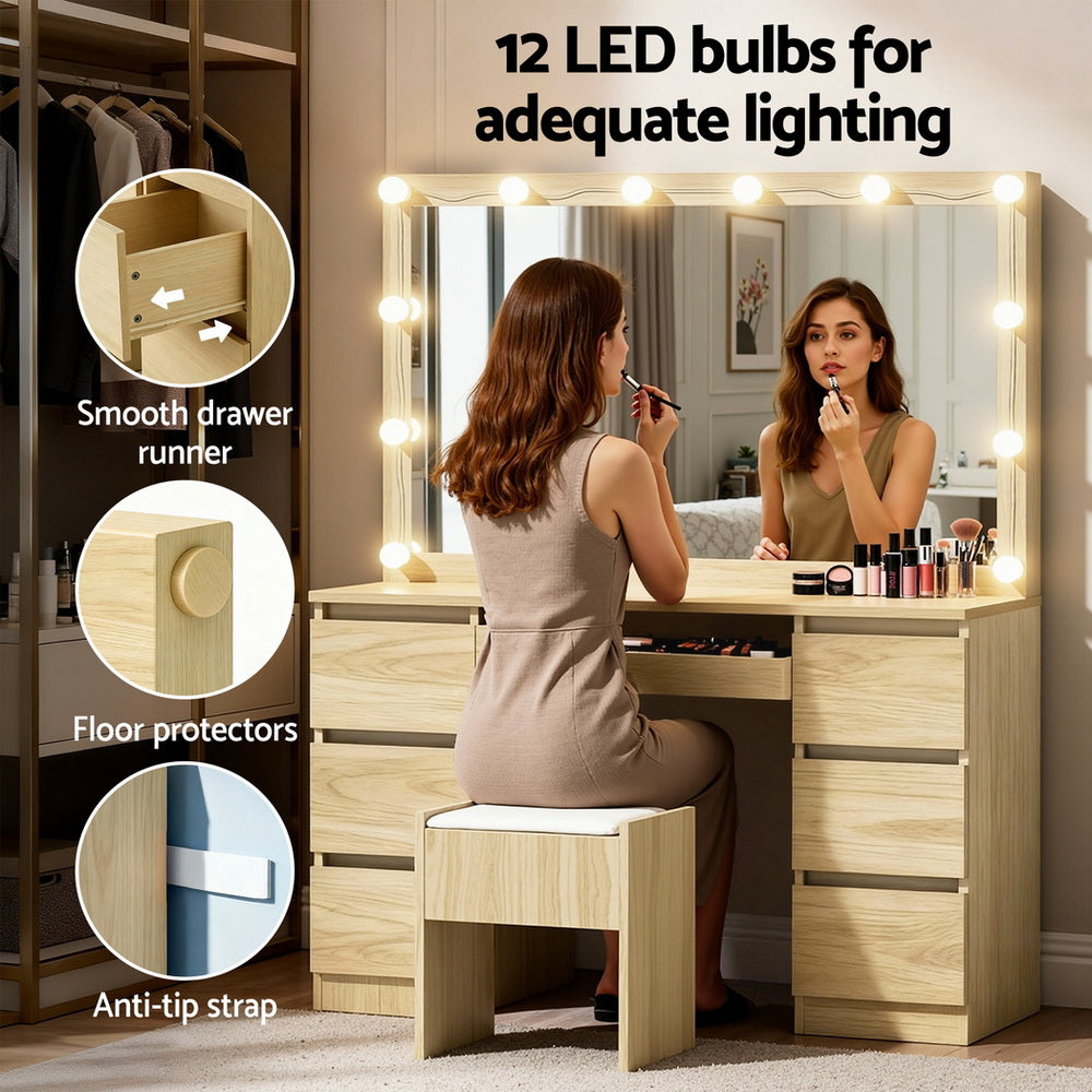 Artiss Dressing Table Vanity Desk Set Stool 12 Led Bulbs Wood - Image 7