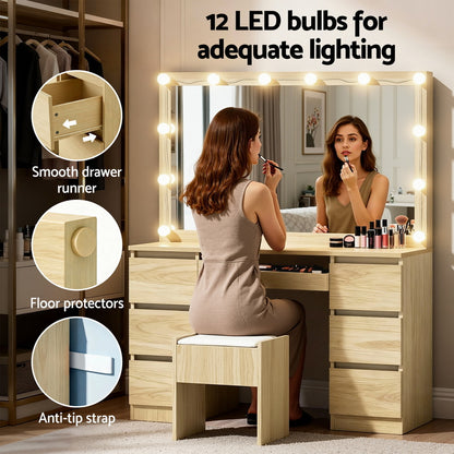Artiss Dressing Table Vanity Desk Set Stool 12 Led Bulbs Wood - Image 7