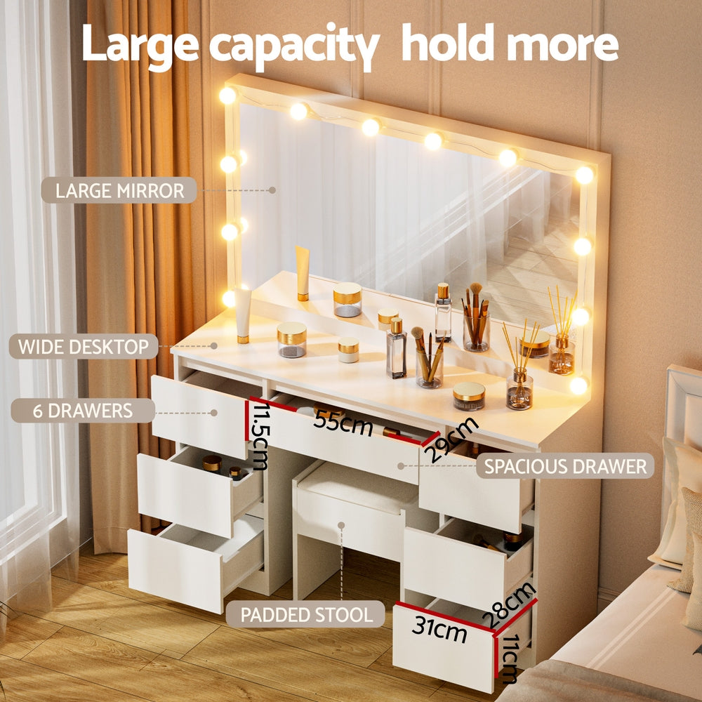 Artiss Dressing Table Vanity Desk Set Stool 12 Led Bulbs White - Image 5