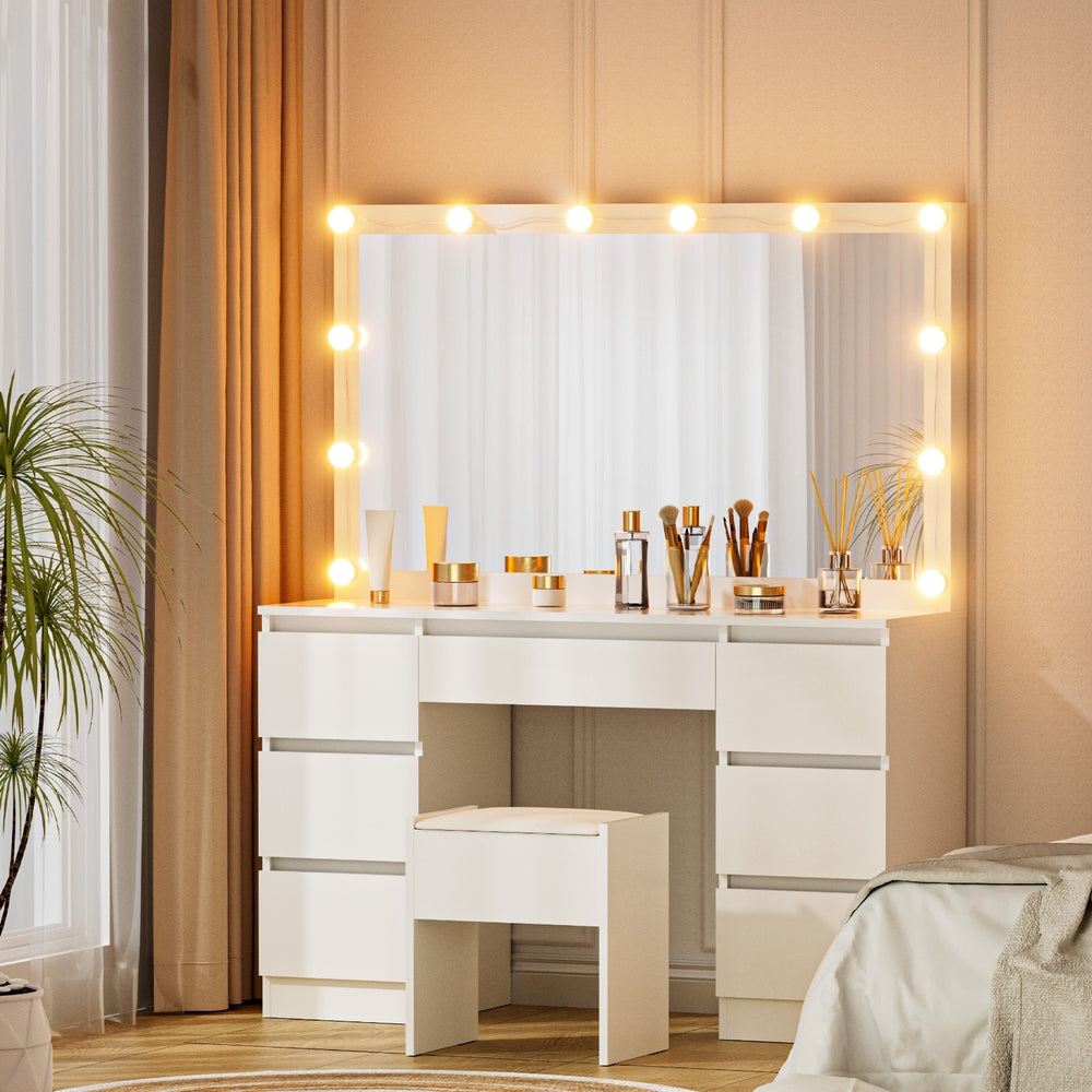 Artiss Dressing Table Vanity Desk Set Stool 12 Led Bulbs White - Image 7