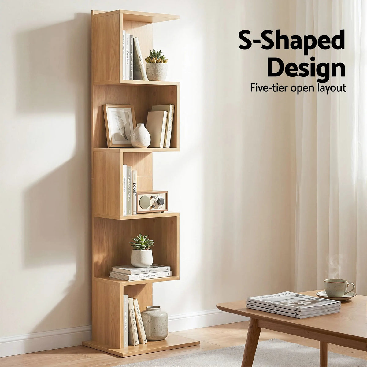 Artiss 5 Tiers Bookshelf S-shaped Bookcase Oak - Image 6