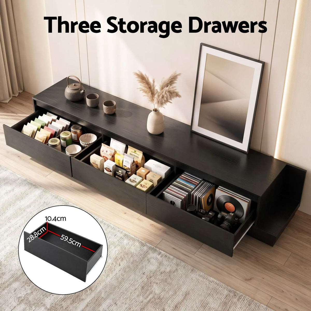 Artiss Extendable TV Unit 200CM 3 Storage Drawers Dark Walnut & Black - Image 7
