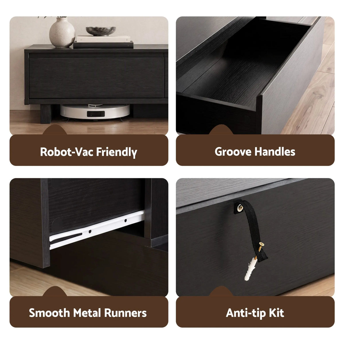 Artiss Extendable TV Unit 200CM 3 Storage Drawers Dark Walnut & Black - Image 9