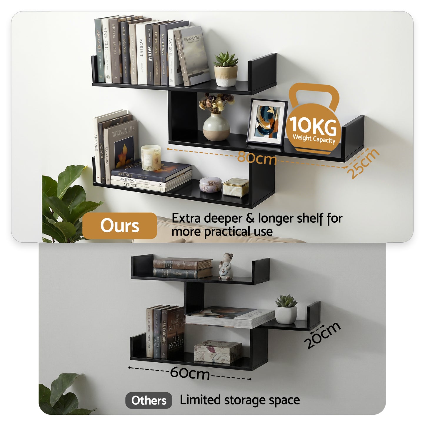 Artiss Floating Wall Shelf 3 Tier Black - Image 5