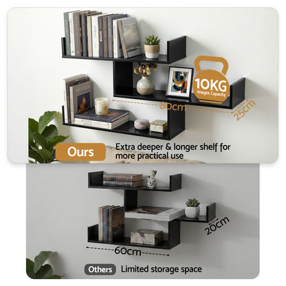 Artiss Floating Wall Shelf 3 Tier Black - Image 5