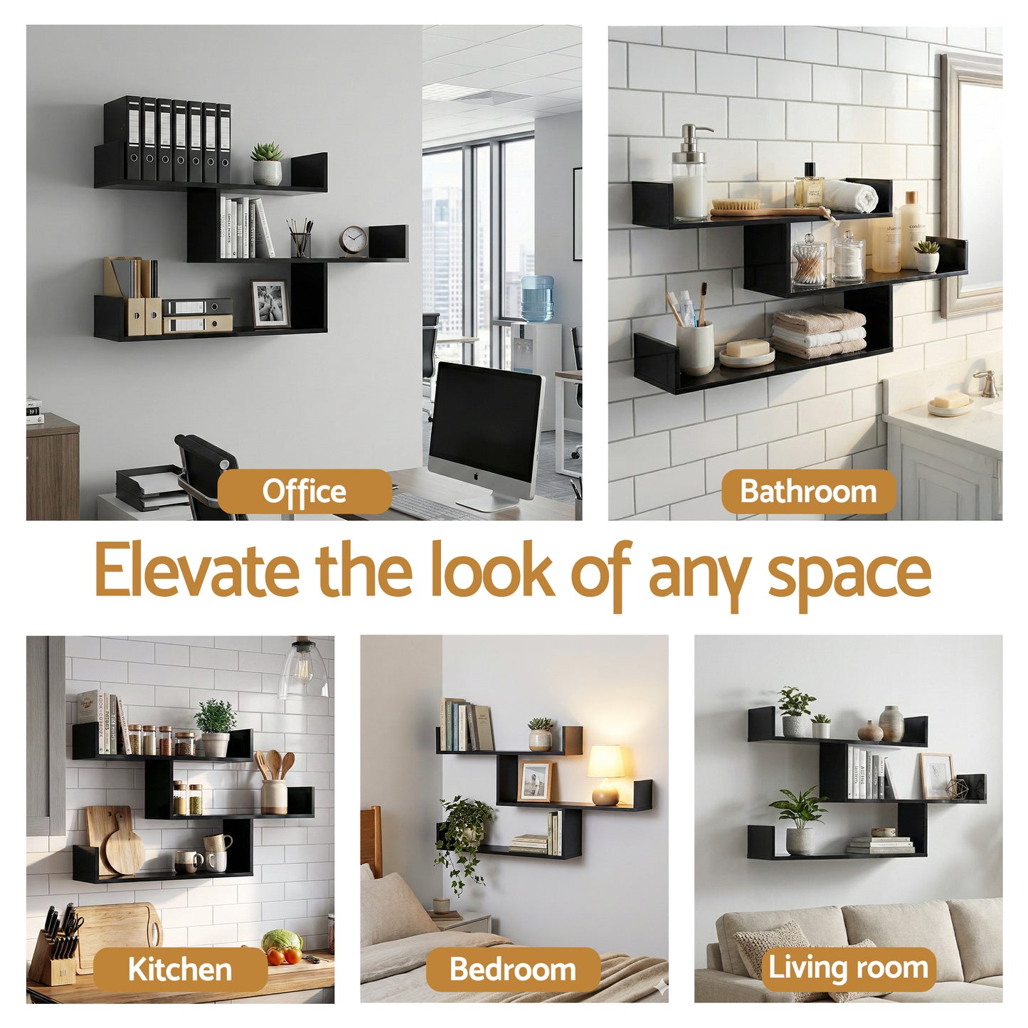 Artiss Floating Wall Shelf 3 Tier Black - Image 7