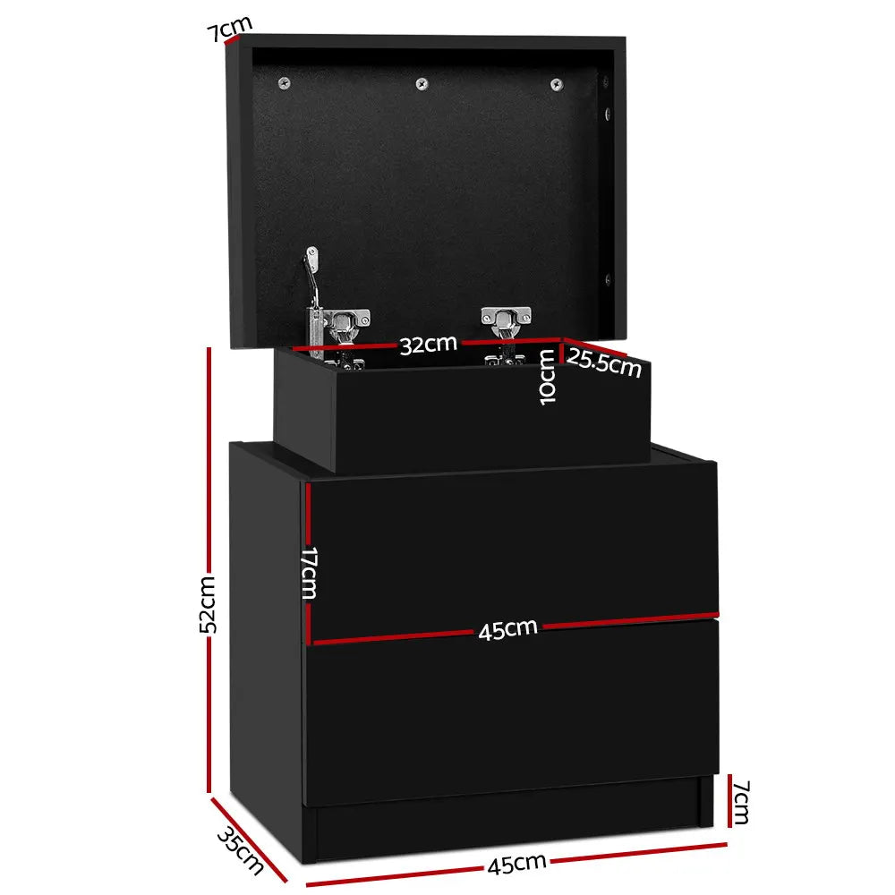 Artiss Bedside Table 2 Drawers Lift-up Storage - COLEY Black - Image 2