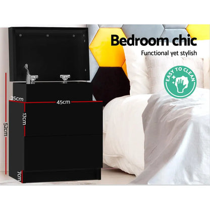 Artiss Bedside Table 2 Drawers Lift-up Storage - COLEY Black - Image 4