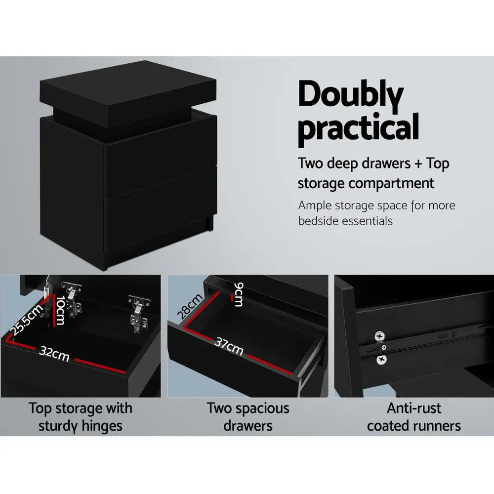 Artiss Bedside Table 2 Drawers Lift-up Storage - COLEY Black - Image 5