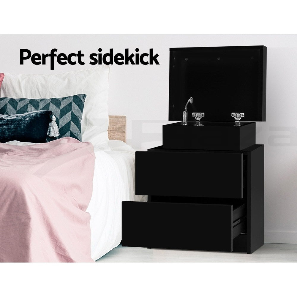 Artiss 2X Bedside Table 2 Drawers Lift-up Storage Black - Image 3