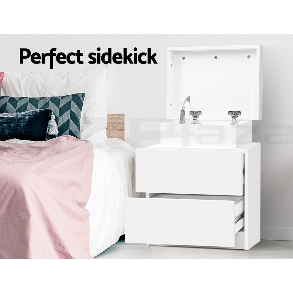 Artiss 2X Bedside Table 2 Drawers Lift-up Storage White - Image 4
