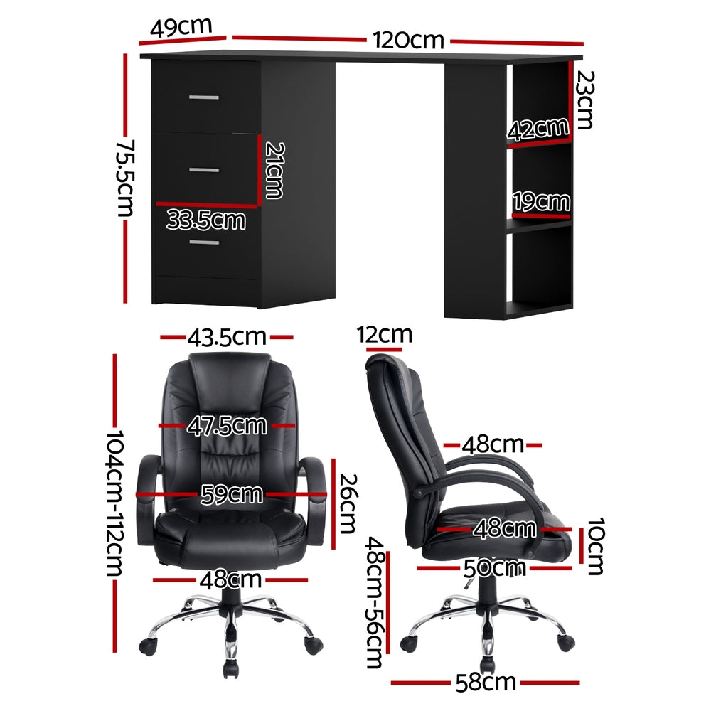 Artiss Computer Desk 120cm Executive Office Chair Set PU Leather High Back Black - Image 2