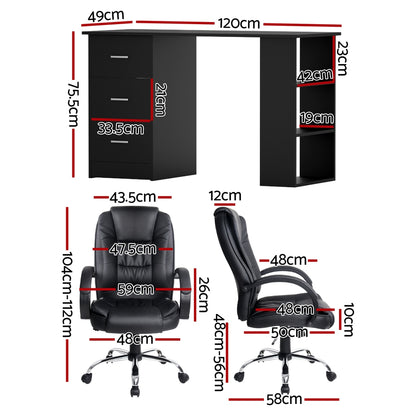 Artiss Computer Desk 120cm Executive Office Chair Set PU Leather High Back Black - Image 2