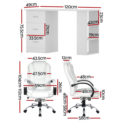 Artiss Computer Desk 120cm Executive Office Chair Set PU Leather High Back White - Image 2