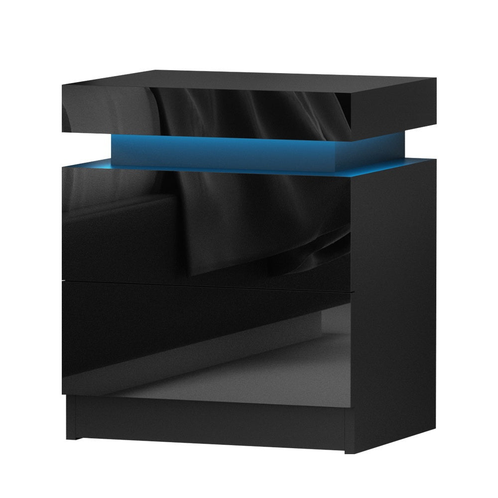 Artiss 2X Bedside Table LED 2 Drawers Lift-up Storage - COLEY Black - Image 2