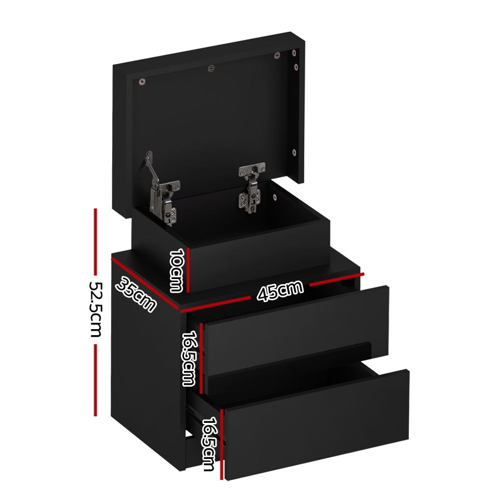 Artiss 2X Bedside Table LED 2 Drawers Lift-up Storage - COLEY Black - Image 3