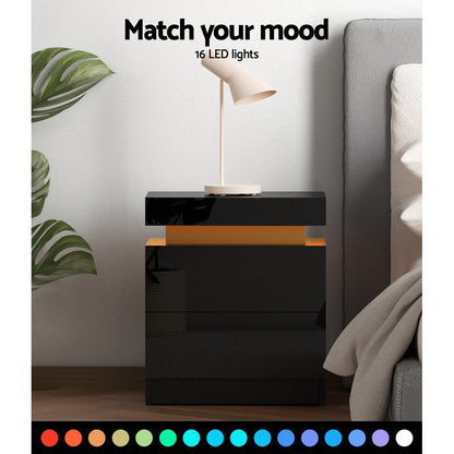 Artiss 2X Bedside Table LED 2 Drawers Lift-up Storage - COLEY Black - Image 6