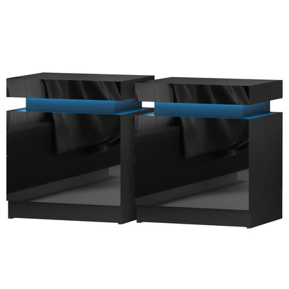 Artiss 2X Bedside Table LED 2 Drawers Lift-up Storage - COLEY Black - Image 7