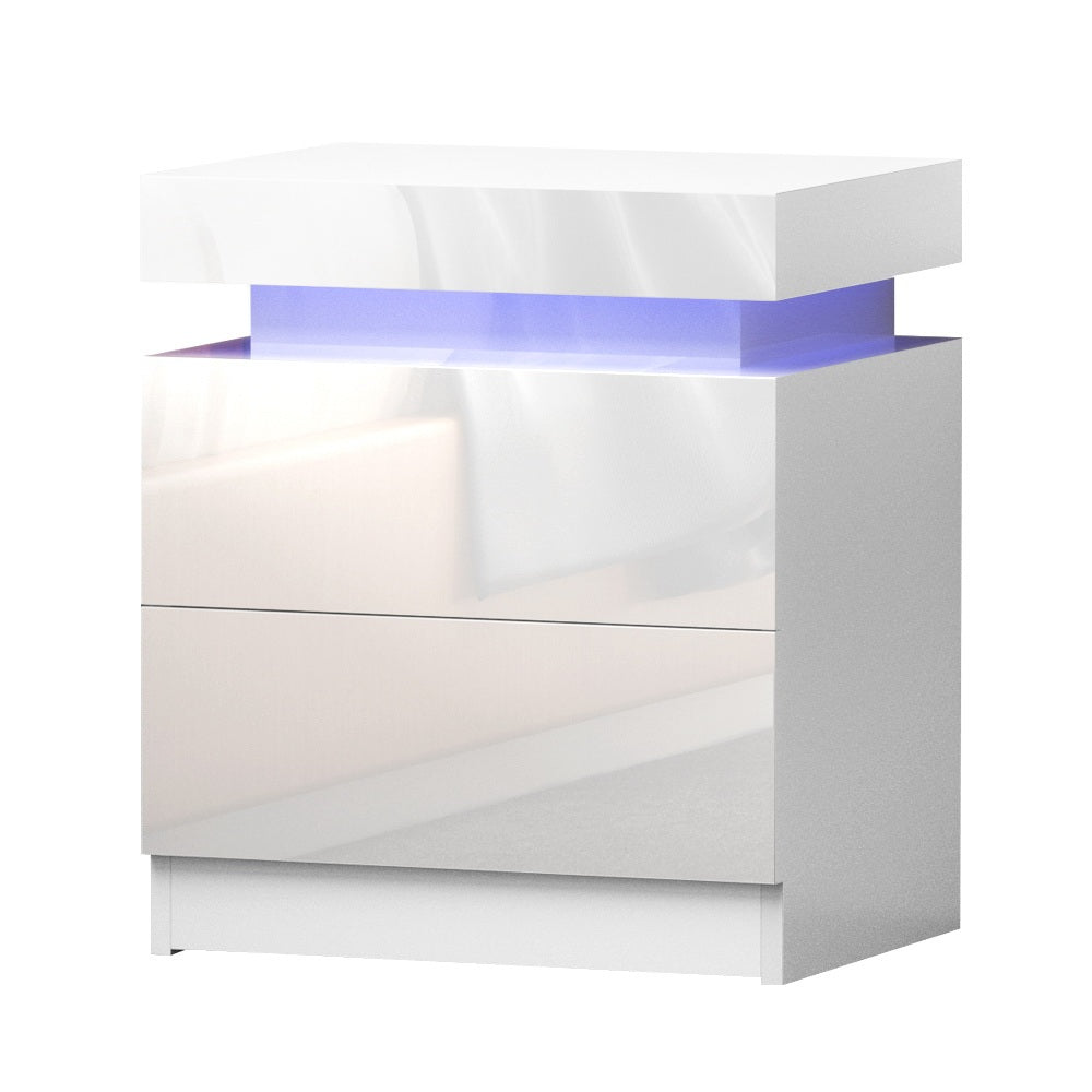 Artiss 2X Bedside Table LED 2 Drawers Lift-up Storage - COLEY White - Image 2