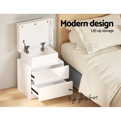 Artiss 2X Bedside Table LED 2 Drawers Lift-up Storage - COLEY White - Image 6