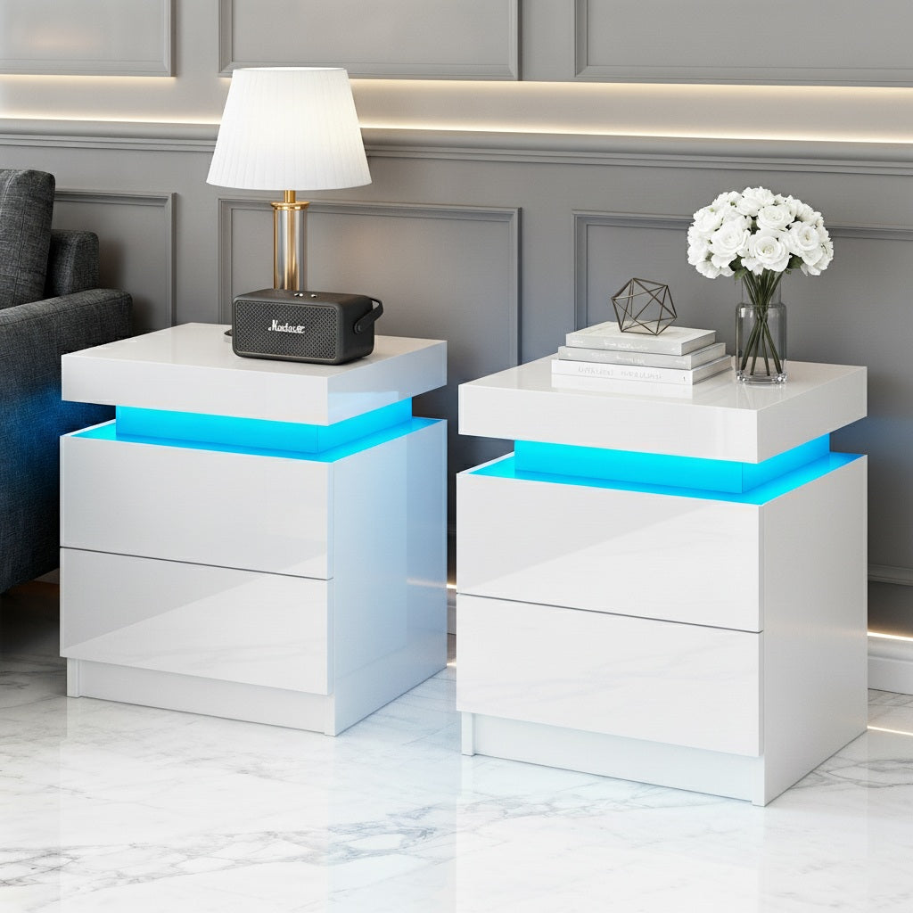 Artiss 2X Bedside Table LED 2 Drawers Lift-up Storage - COLEY White - Image 7