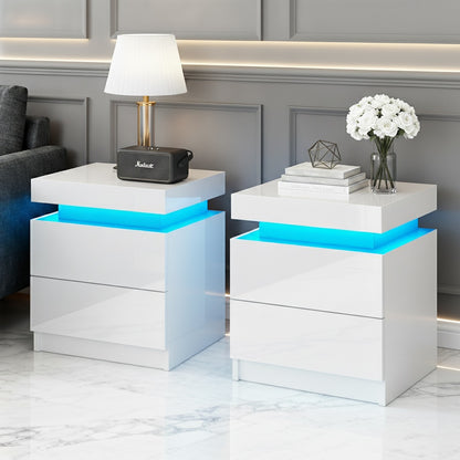 Artiss 2X Bedside Table LED 2 Drawers Lift-up Storage - COLEY White - Image 7
