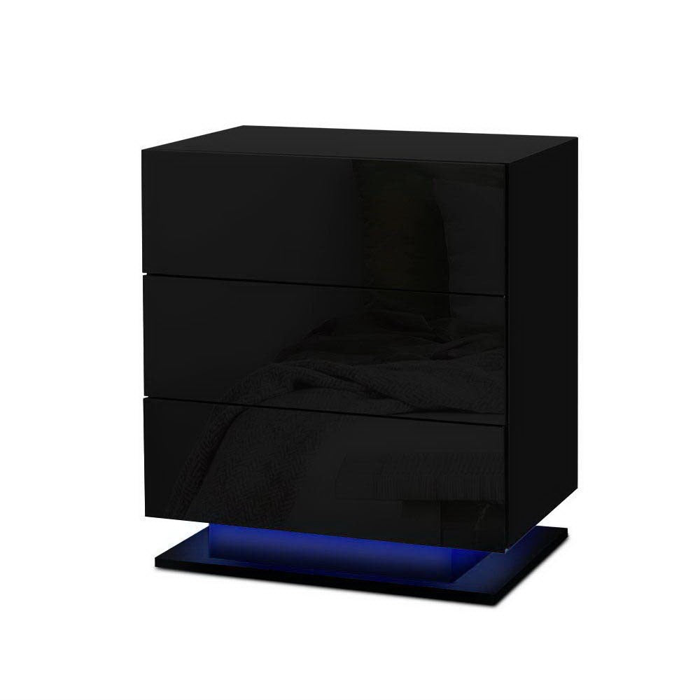 Artiss 2x Bedside Table LED 3 Drawers - MORI Black - Image 2