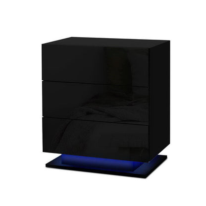 Artiss 2x Bedside Table LED 3 Drawers - MORI Black - Image 2