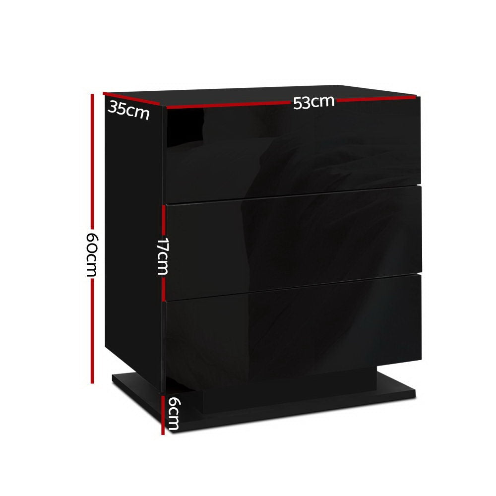 Artiss 2x Bedside Table LED 3 Drawers - MORI Black - Image 3