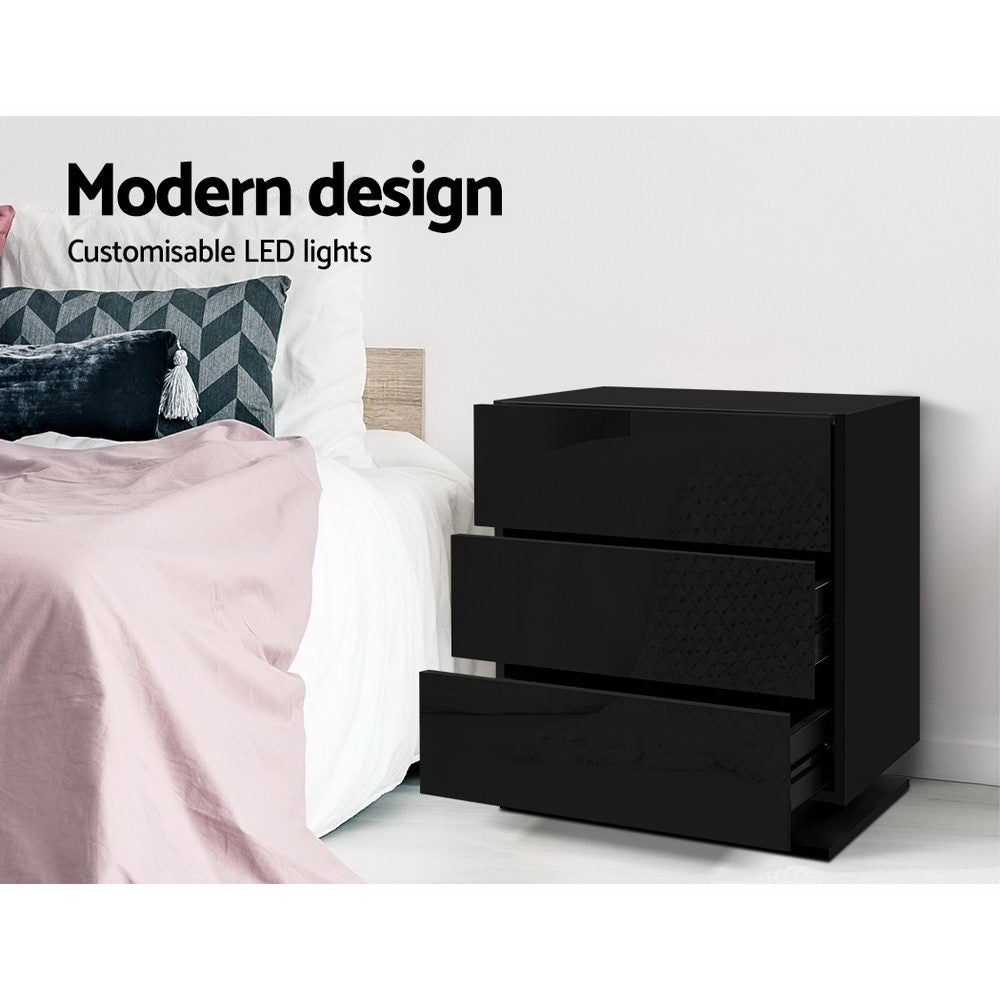 Artiss 2x Bedside Table LED 3 Drawers - MORI Black - Image 5