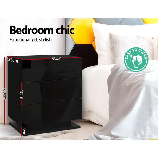 Artiss 2x Bedside Table LED 3 Drawers - MORI Black - Image 6