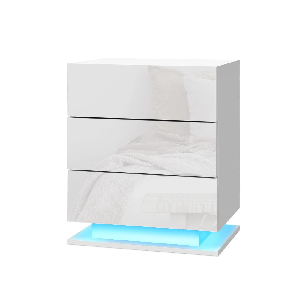 Artiss 2x Bedside Table LED 3 Drawers - MORI White - Image 2