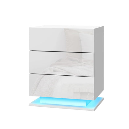Artiss 2x Bedside Table LED 3 Drawers - MORI White - Image 2