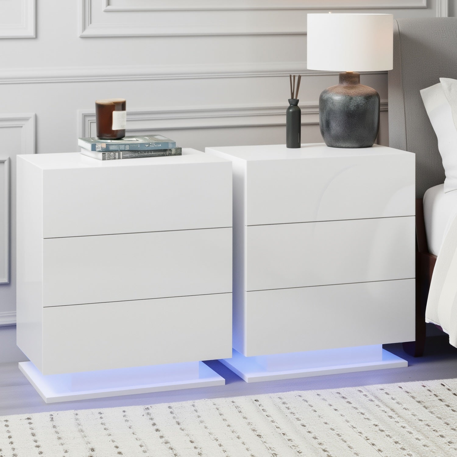 Artiss 2x Bedside Table LED 3 Drawers - MORI White - Image 7