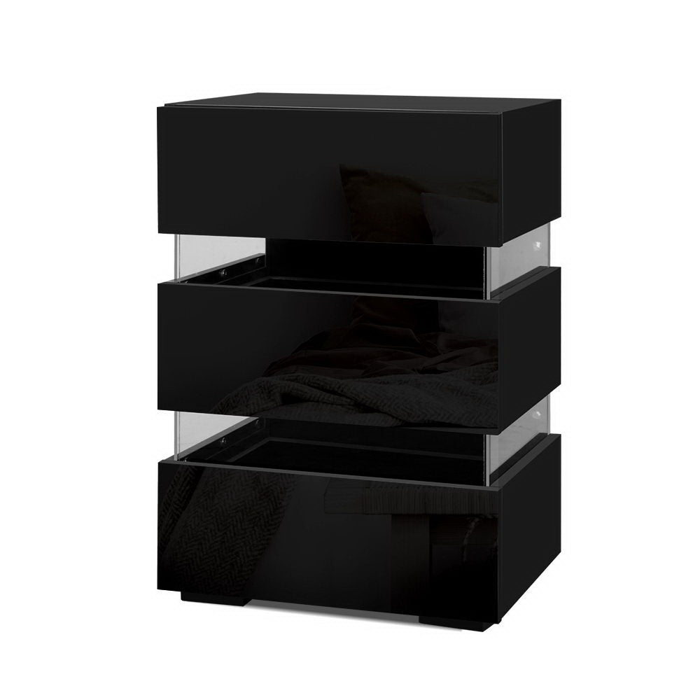 Artiss 2x Bedside Table LED 3 Drawers - LUMI Black - Image 3
