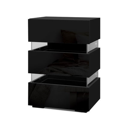 Artiss 2x Bedside Table LED 3 Drawers - LUMI Black - Image 3