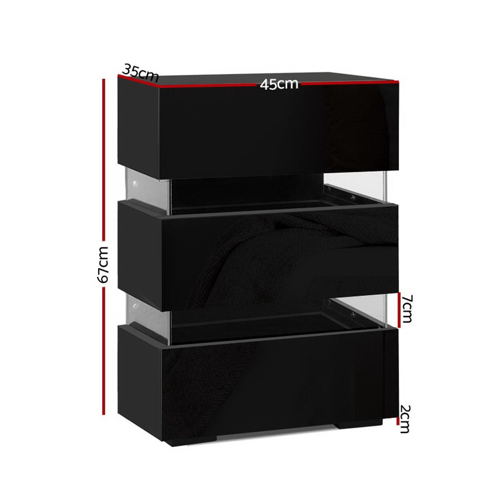 Artiss 2x Bedside Table LED 3 Drawers - LUMI Black - Image 4