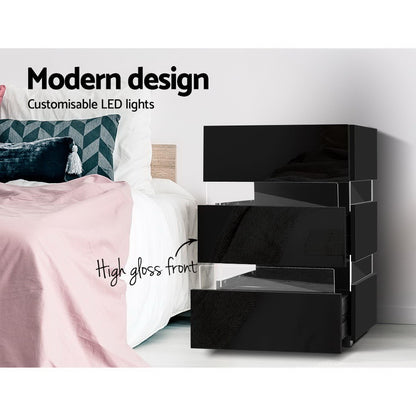Artiss 2x Bedside Table LED 3 Drawers - LUMI Black - Image 6