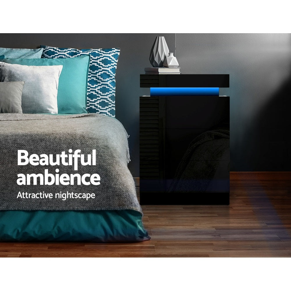 Artiss 2X Bedside Table LED 3 Drawers - COLEY Black - Image 6