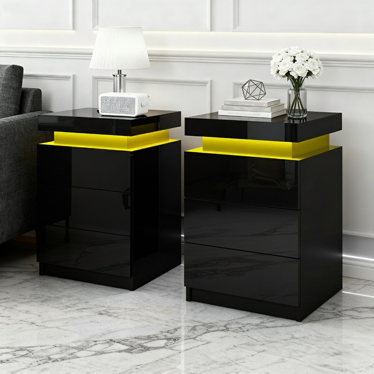 Artiss 2X Bedside Table LED 3 Drawers - COLEY Black - Image 7