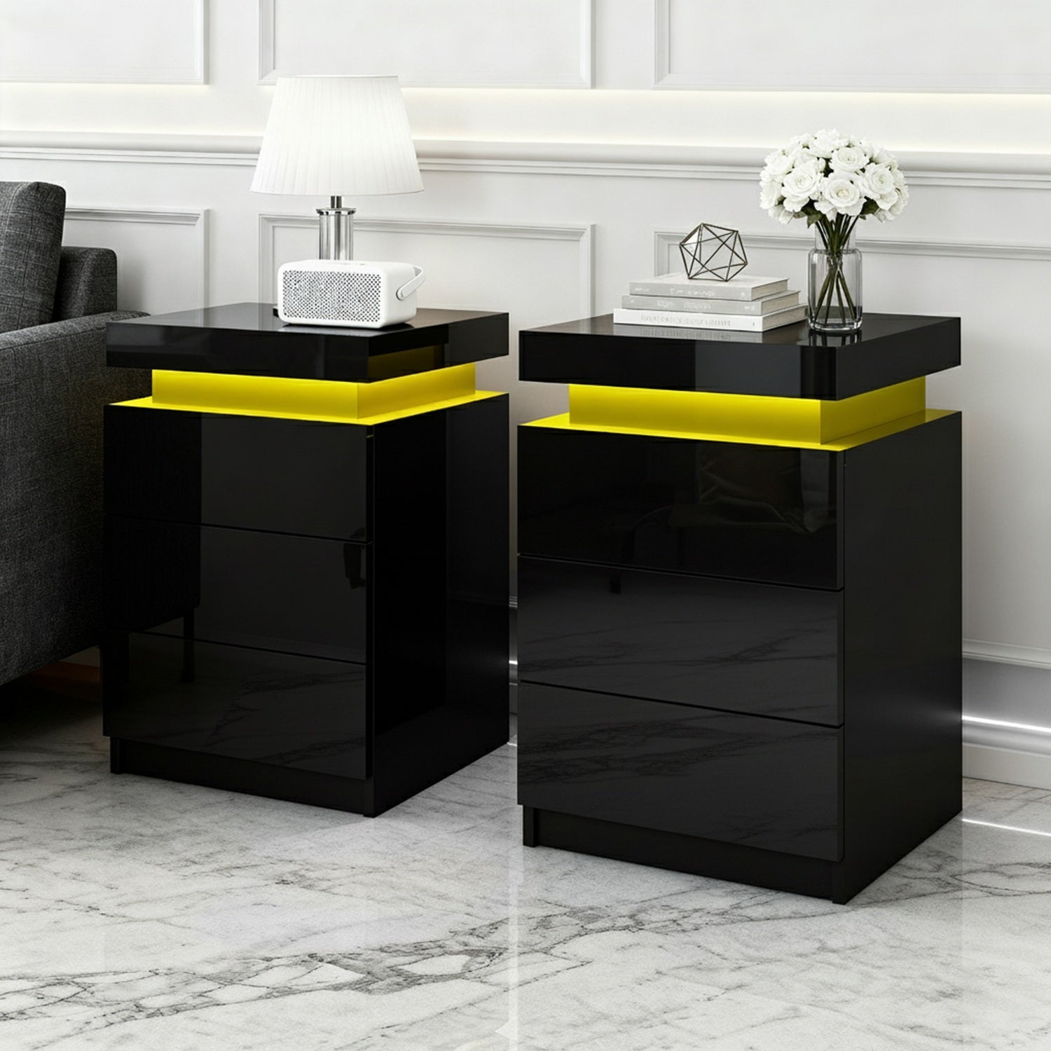 Artiss 2X Bedside Table LED 3 Drawers - COLEY Black - Image 7
