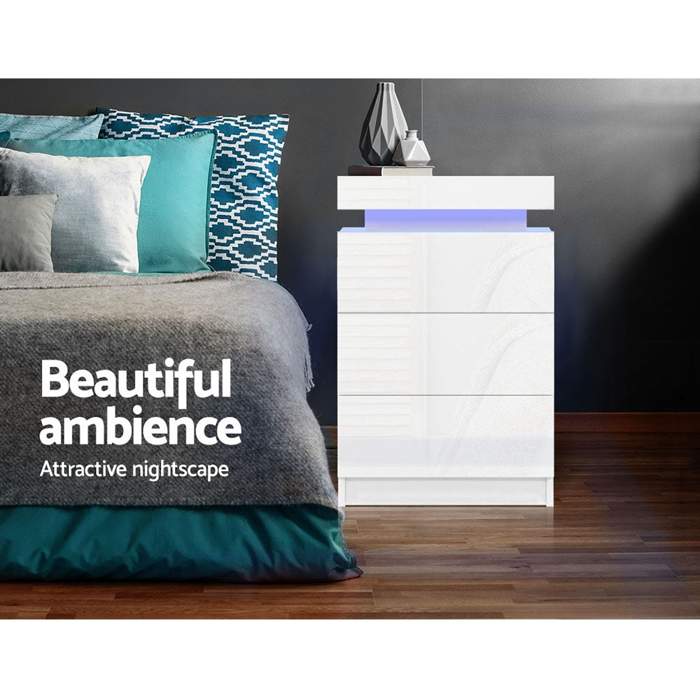 Artiss 2X Bedside Table LED 3 Drawers - COLEY White - Image 6