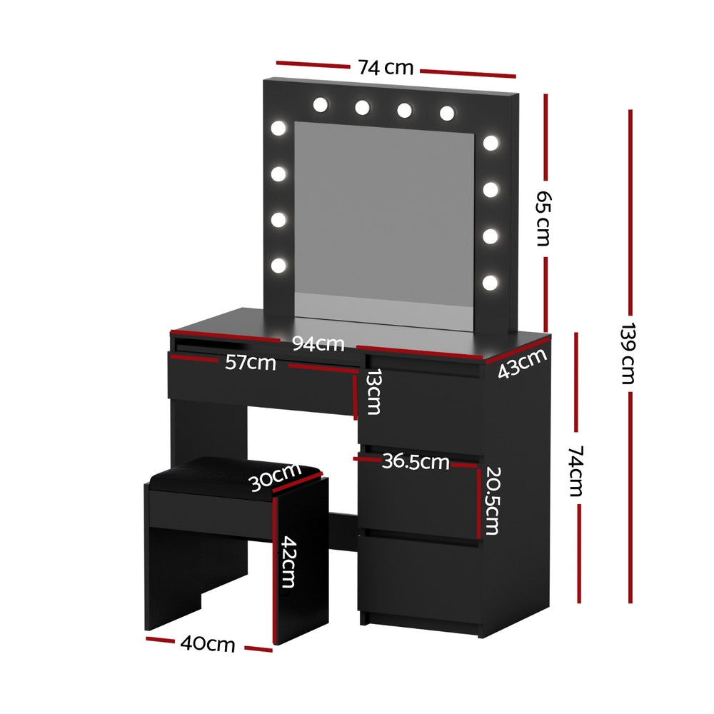 Artiss Dressing Table Set Stool 12 Led Bulbs Black - Image 3