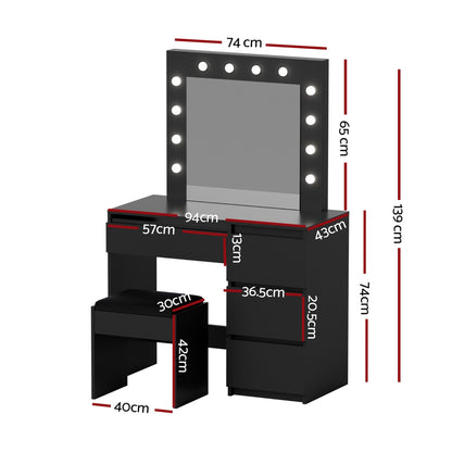 Artiss Dressing Table Set Stool 12 Led Bulbs Black - Image 3