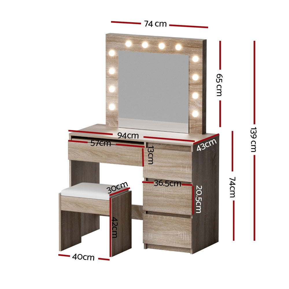 Artiss Dressing Table Set Stool 12 Led Bulbs Wood - Image 3