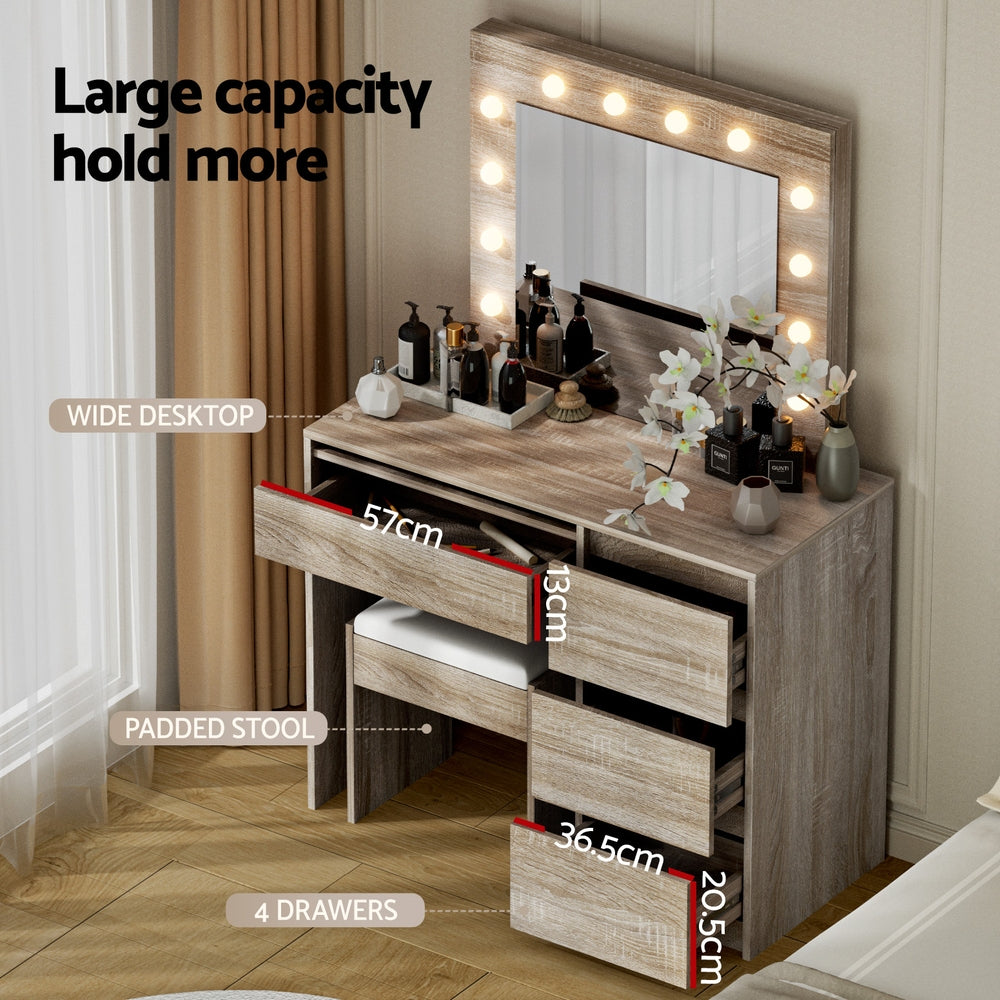 Artiss Dressing Table Set Stool 12 Led Bulbs Wood - Image 6