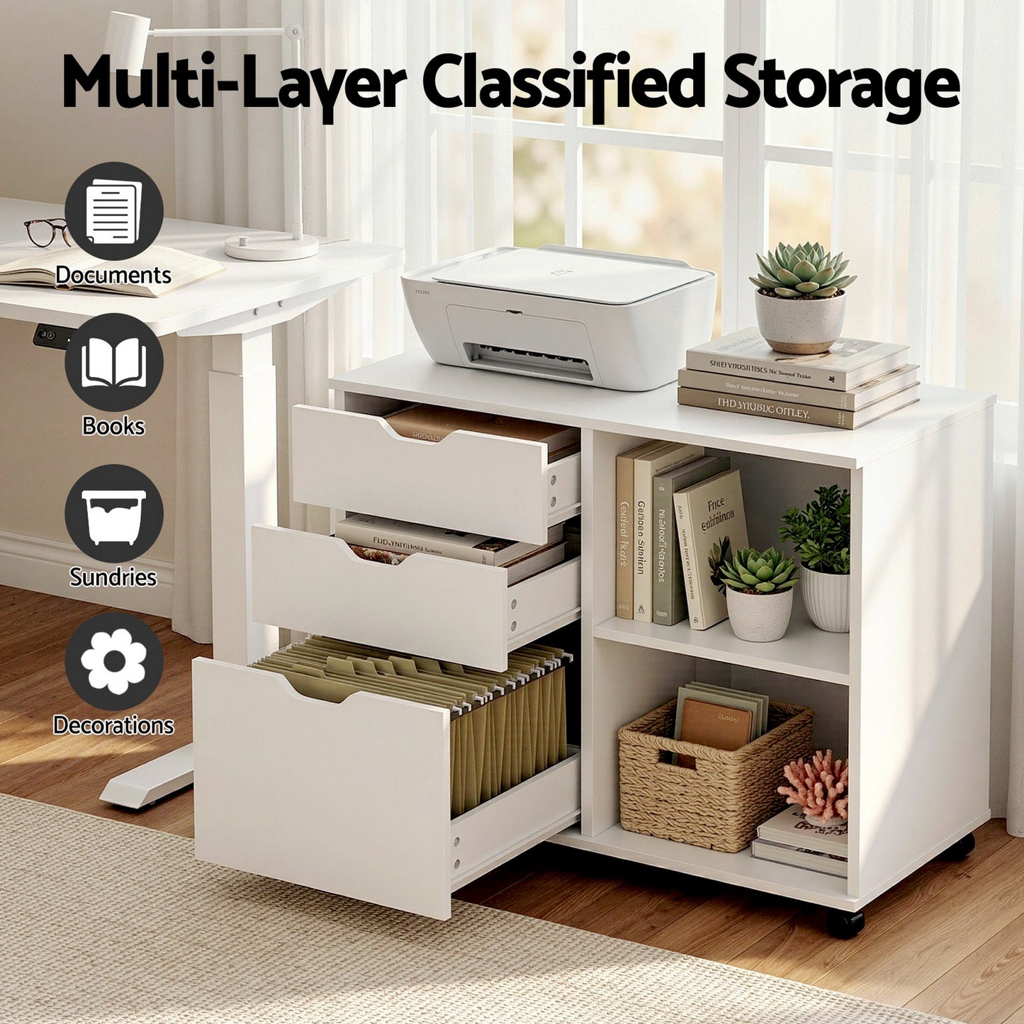 Artiss 3 Drawer Mobile Filing Cabinet Printer Stand Cabinet Home Office Storage White - Image 5
