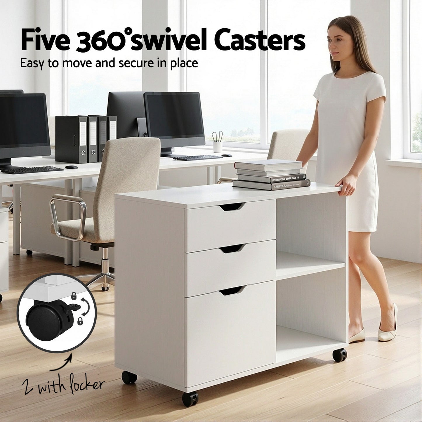 Artiss 3 Drawer Mobile Filing Cabinet Printer Stand Cabinet Home Office Storage White - Image 6